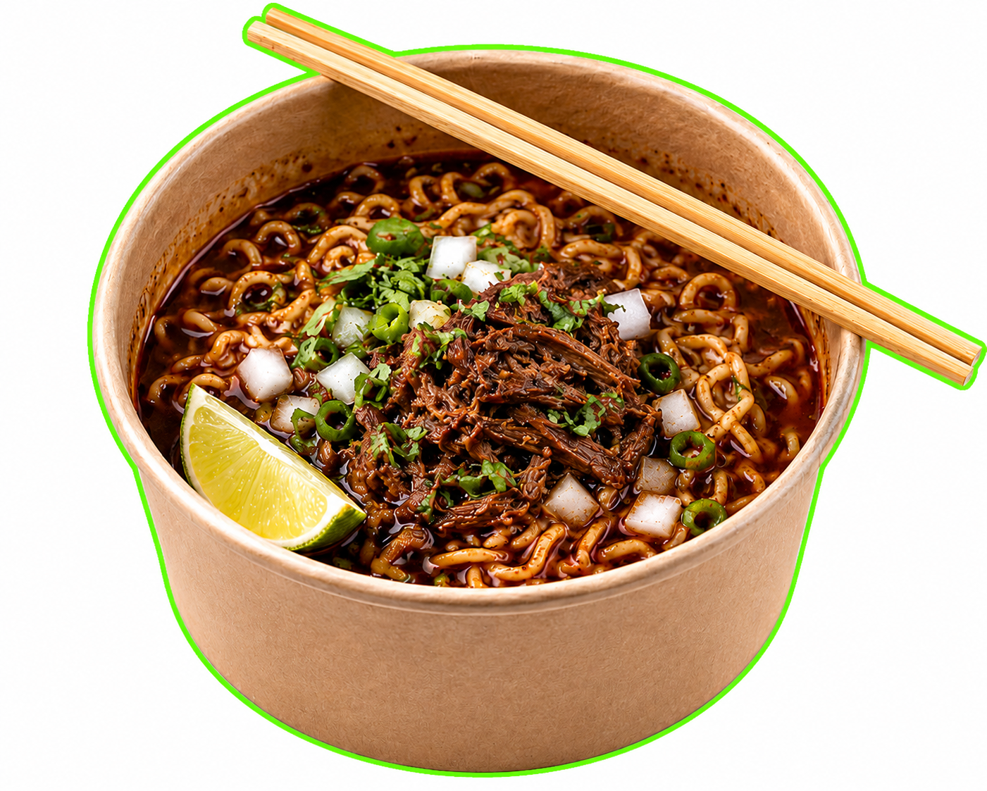 Birria ramen in consommé with chopsticks and lime